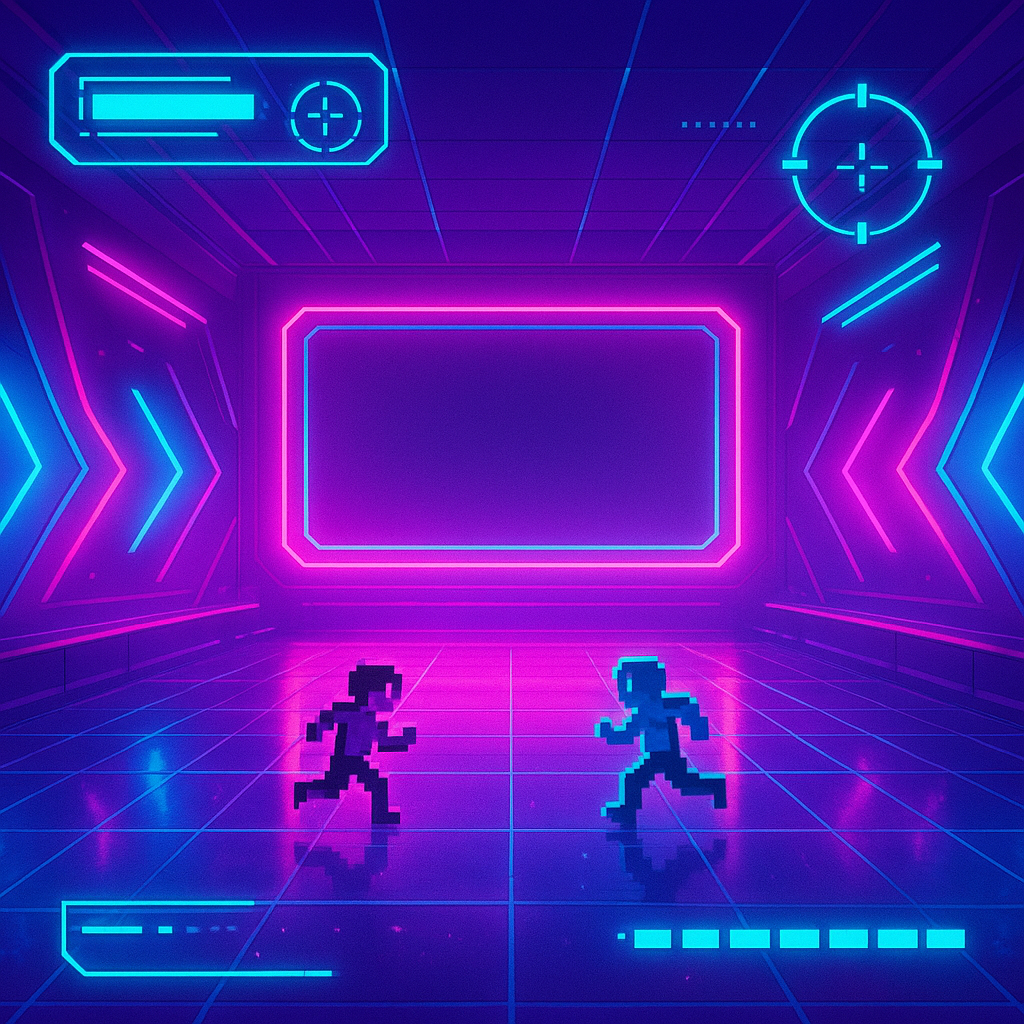 Neon arcade arena overview with HUD overlays