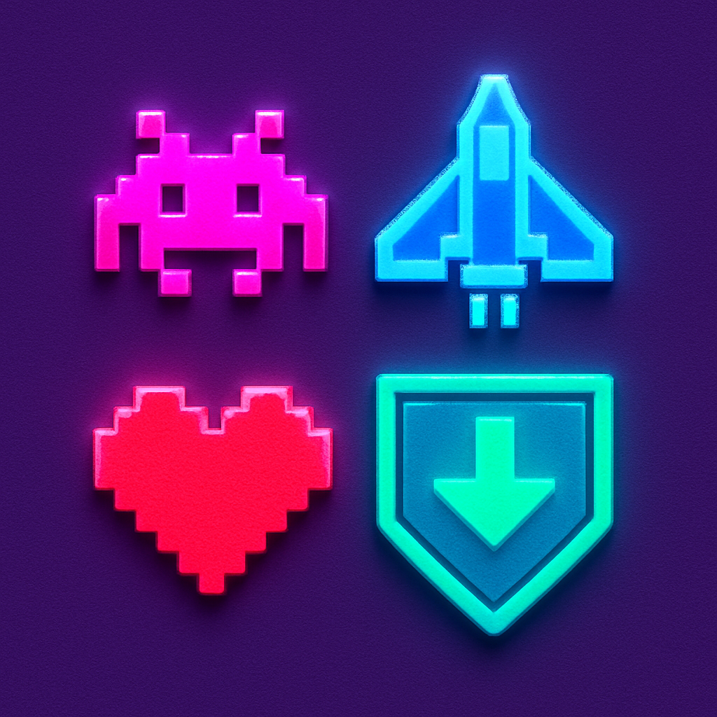 Close-up of pixel relics and HUD badge
